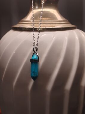 Green Turquoise Howlite Pendant. Hexagon Cut. 16 Inch Stainless Steel Chain.